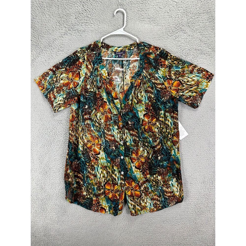 Roamans Shirt Womens 24W Plus Multi Floral V-Neck Button Up Blouse‎ Ladies NEW